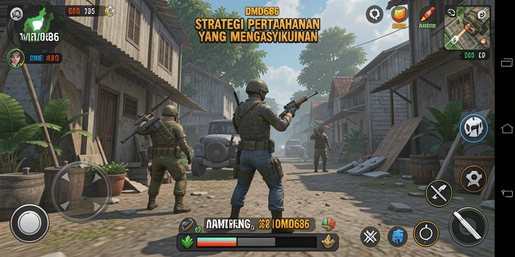 Tampilan gameplay DMD686 dengan menara dan musuh yang menarik.
