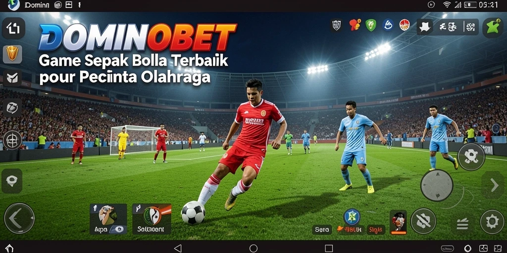 Screenshot utama DOMINOBET menampilkan aksi seru di lapangan sepak bola.
