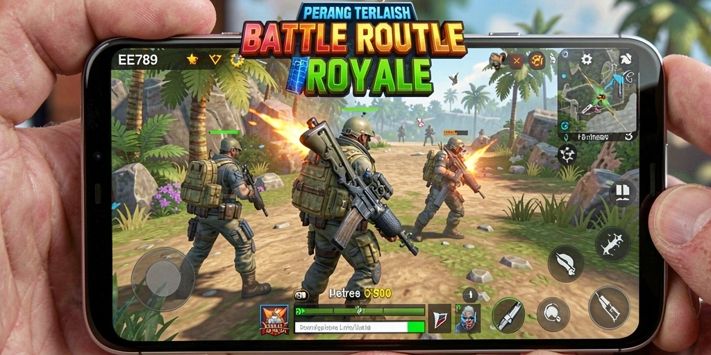 Screenshot gameplay EE789 menampilkan pertempuran seru di arena Battle Royale.