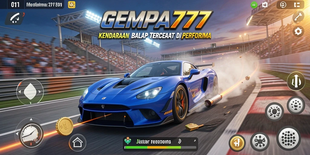 Tampilan gameplay GEMPA777 yang mendebarkan dengan mobil balap pada lintasan.