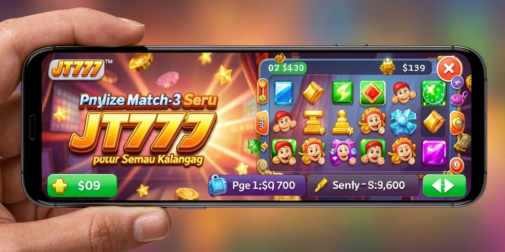 Screenshot menampilkan gameplay Match-3 dengan objek berwarna-warni.