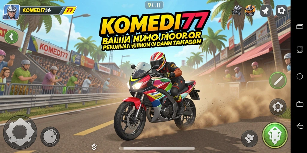 Tangkapan layar dari gameplay seru <strong>KOMEDI77</strong> yang memadukan humor dan balapan motor.
