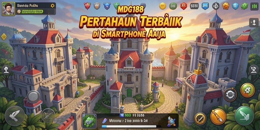 Tampilan gameplay MDG188 dengan menara pertahanan yang megah.