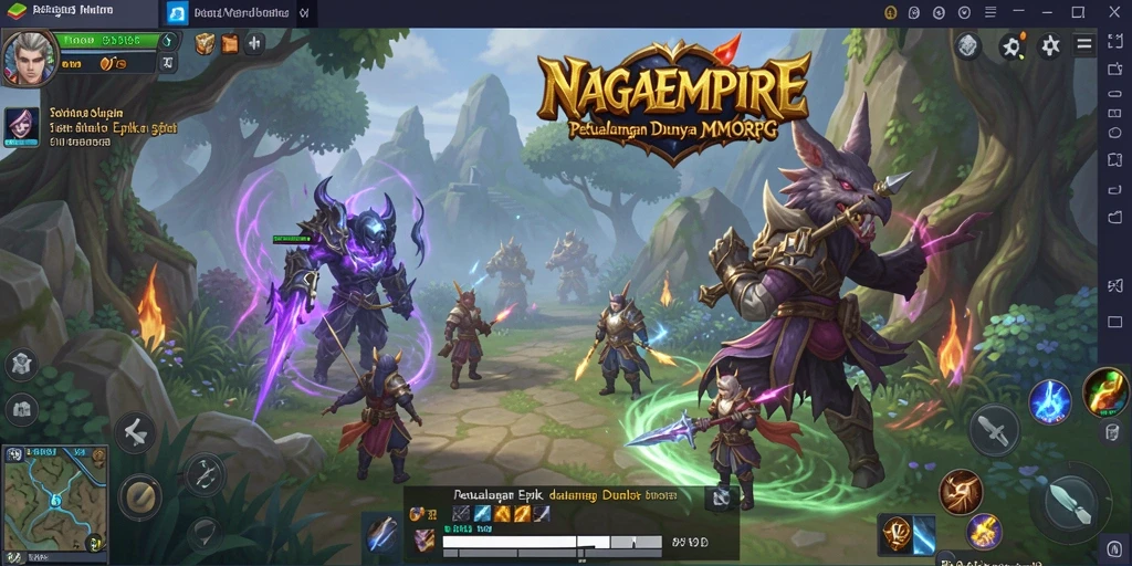 Screenshot gameplay NAGAEMPIRE yang menampilkan pertarungan epik di dunia fantasi.