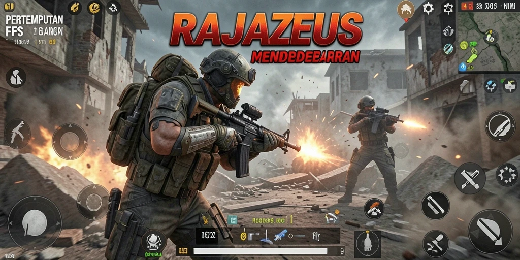 Screenshot menunjukkan aksi menembak di medan perang RAJAZEUS.