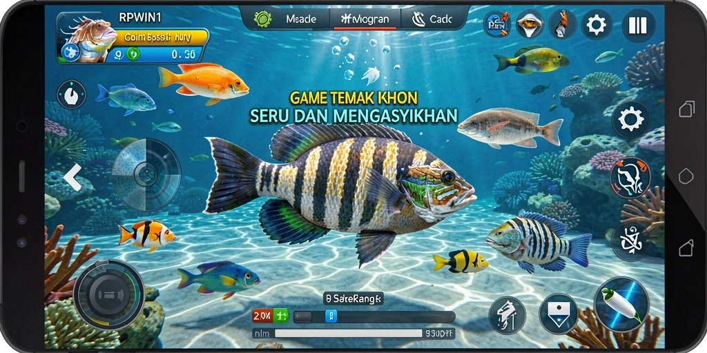 Screenshot gameplay RPWIN1 menampilkan aksi seru menembak ikan.