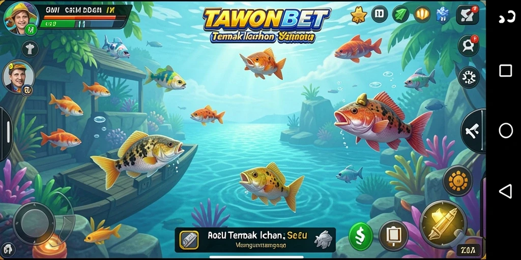 Tampilan gameplay seru dari TAWONBET dengan aksi menembak ikan.
