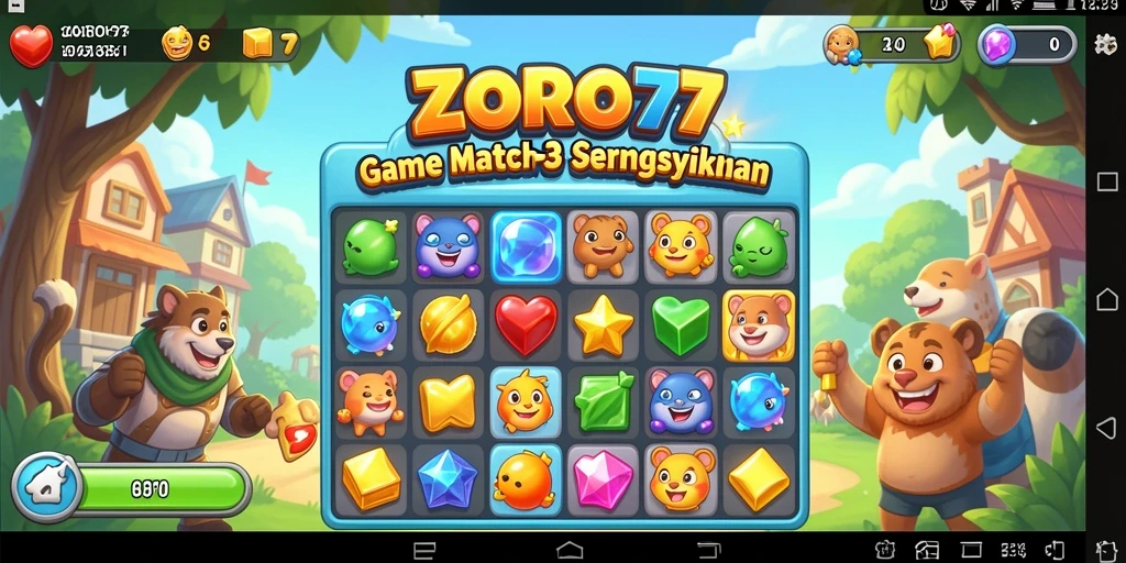 Tampilan gameplay ZORO77 dengan kombinasi warna cerah dan tantangan Match-3.